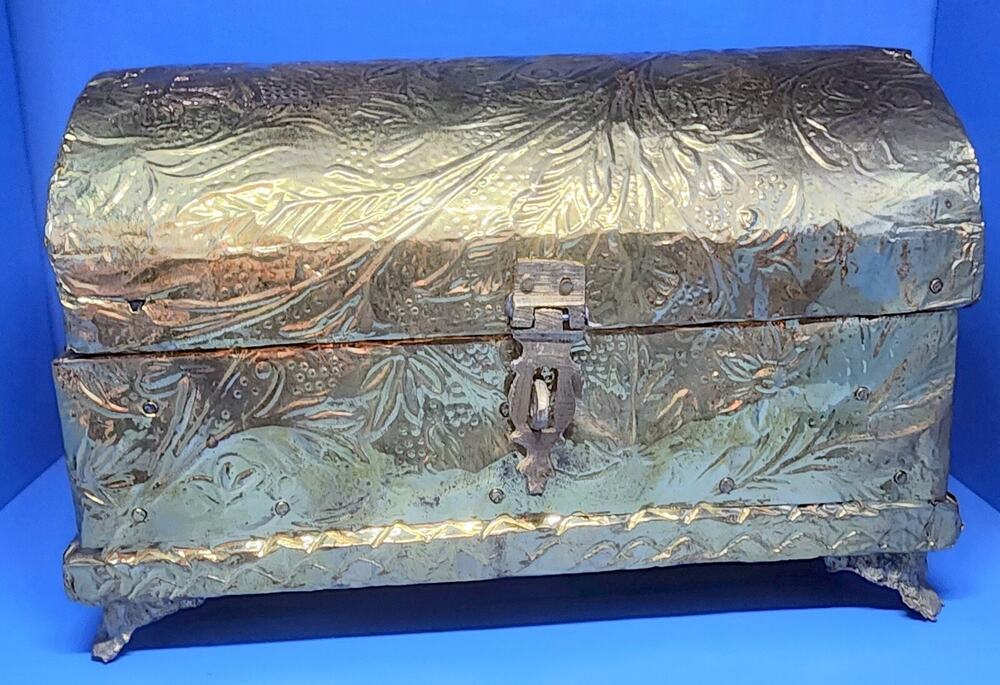 Vintage Wooden Keepsake Jewelry Box w/ Brass Embossed Foil Velvet Lined India